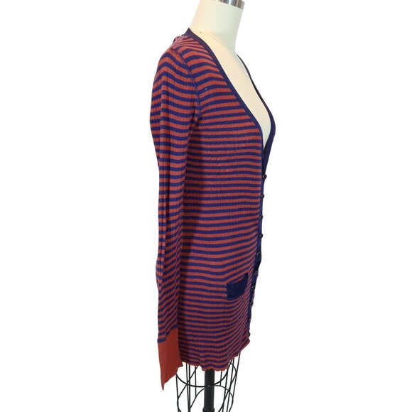 MARC JACOBS Y2K Ribbed Striped Fitted Cardigan Sweater Size S Cotton Red Navy - Picture 2 of 8